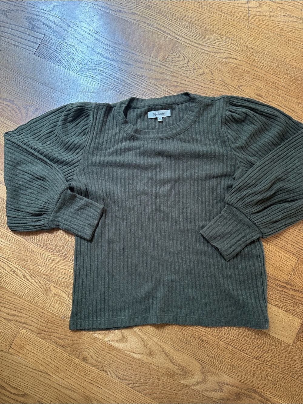 Madewell Olive Ribbed Crewneck Sweater with Puff Sleeves
